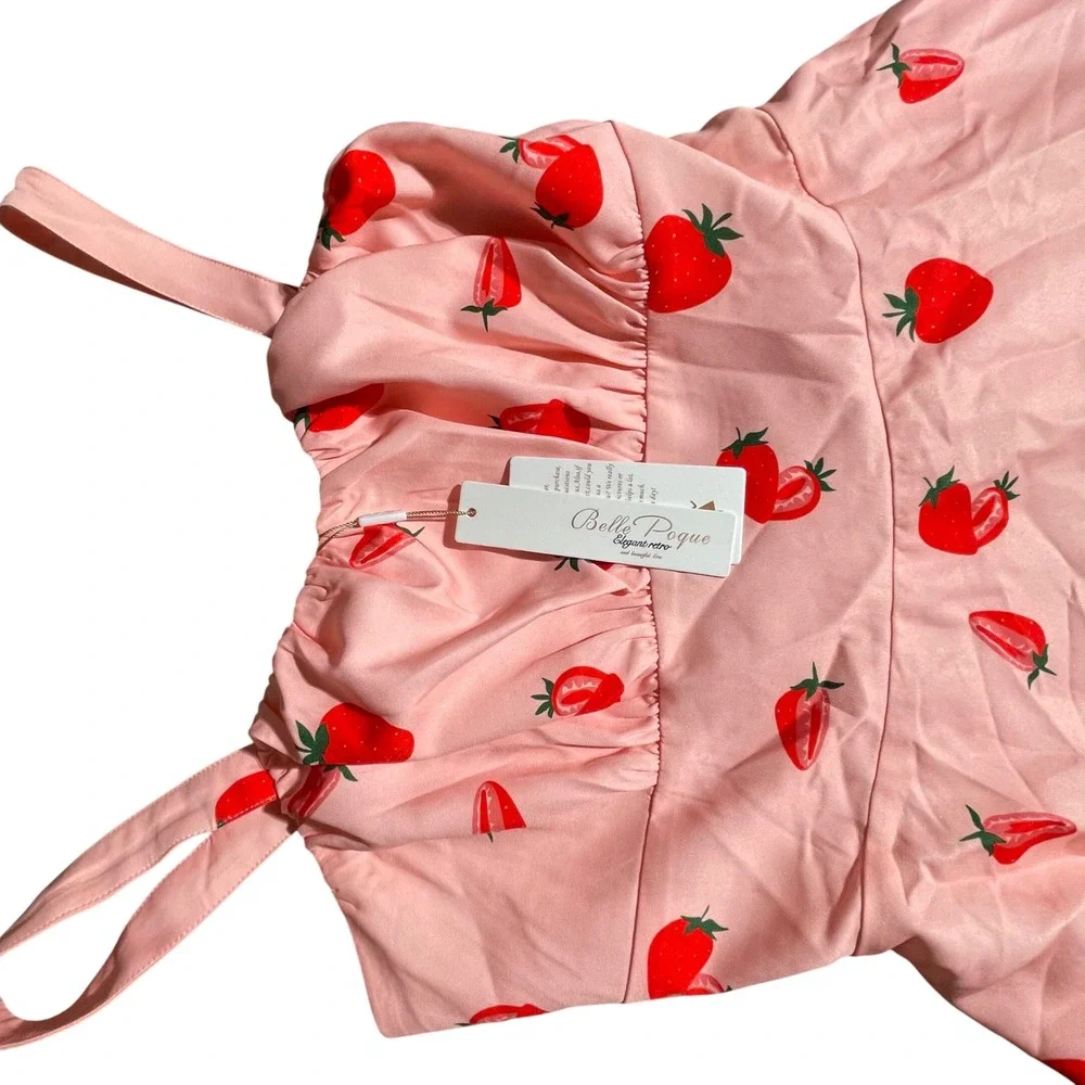 Bella Poque Pink Strawberry Print Fit and‎ Flare Dress Sleeveless - Picture 3 of 12